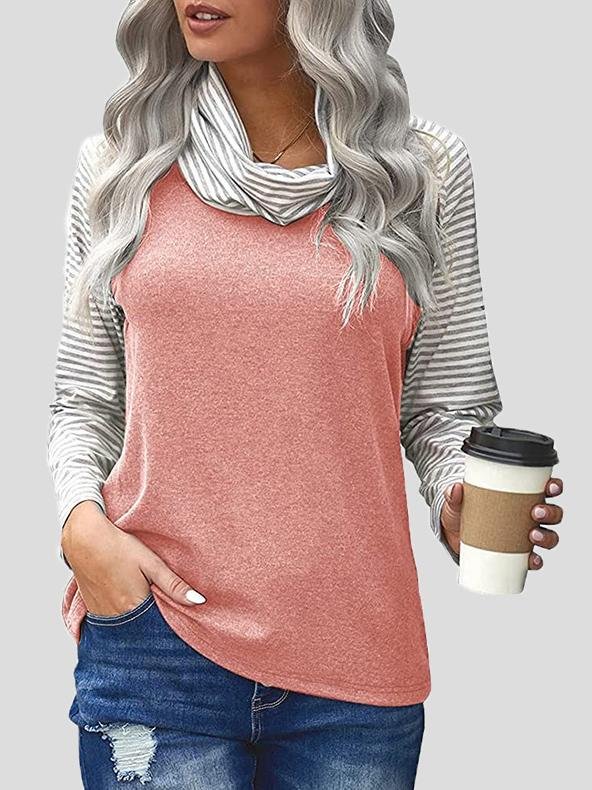 T-Shirts Striped Print Stitching High-Neck Long Sleeve T-Shirt - LuckyFash™