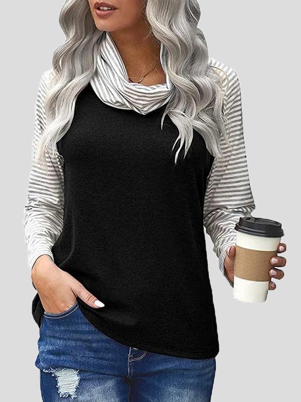 T-Shirts Striped Print Stitching High-Neck Long Sleeve T-Shirt - LuckyFash™