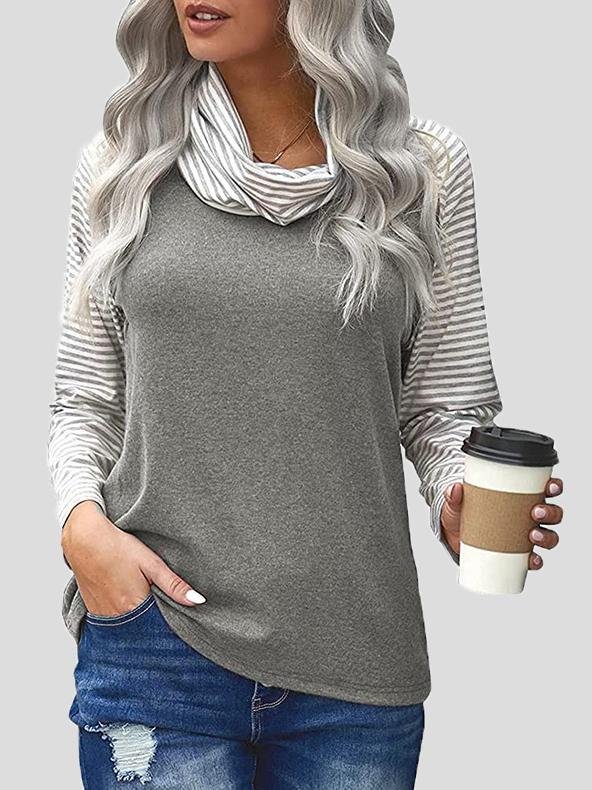 T-Shirts Striped Print Stitching High-Neck Long Sleeve T-Shirt - LuckyFash™