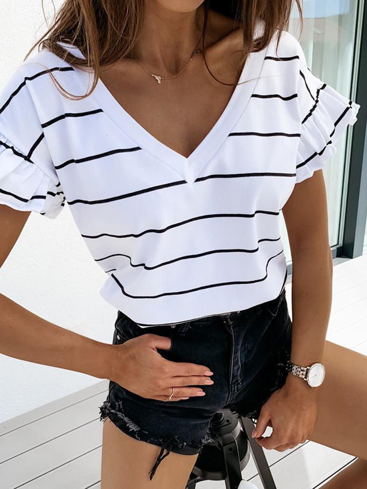 T-Shirts Striped V-Neck Short Sleeve T-Shirt - LuckyFash™