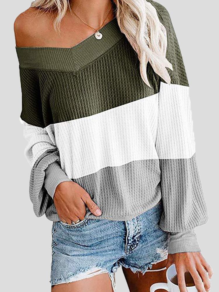 Women's T-Shirts Three-Color Stitching V-Neck Bat Sleeve Loose T-Shirt - LuckyFash™