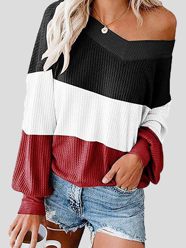 Women's T-Shirts Three-Color Stitching V-Neck Bat Sleeve Loose T-Shirt - LuckyFash™