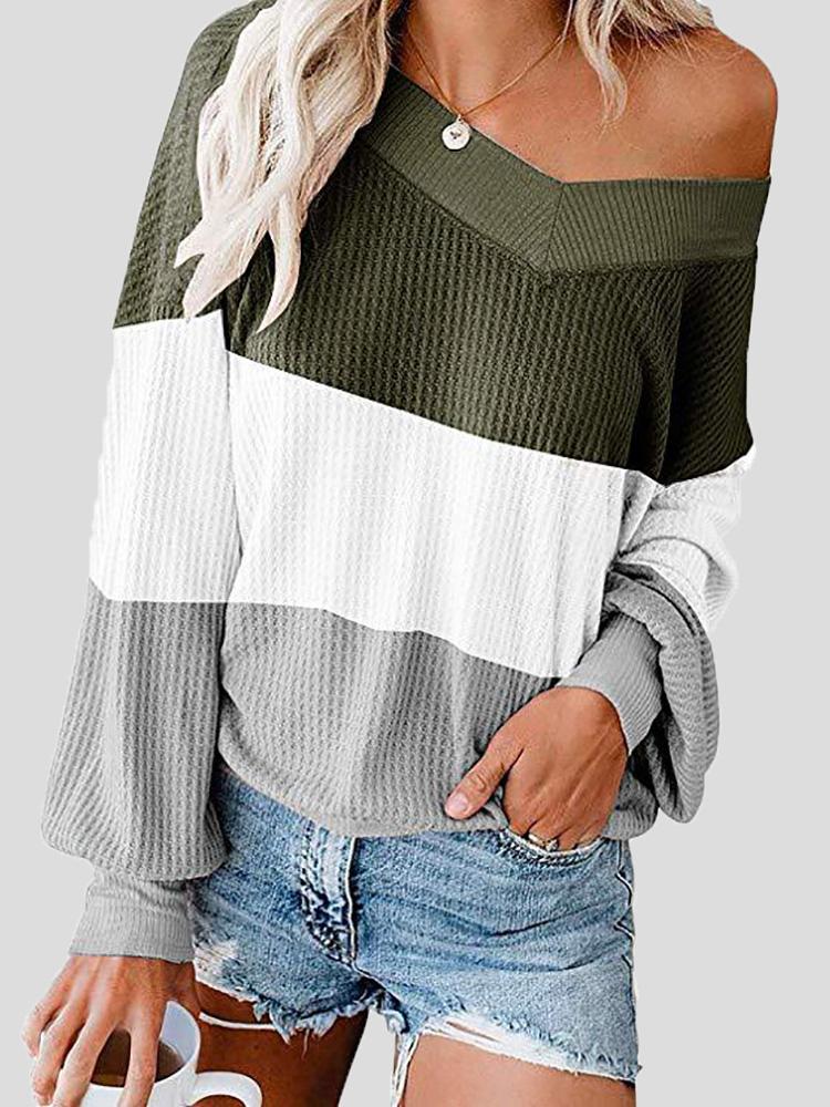Women's T-Shirts Three-Color Stitching V-Neck Bat Sleeve Loose T-Shirt - LuckyFash™