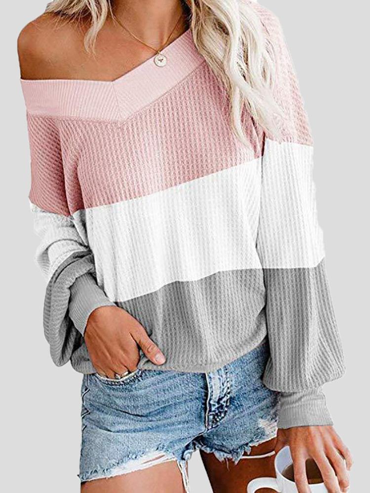 Women's T-Shirts Three-Color Stitching V-Neck Bat Sleeve Loose T-Shirt - LuckyFash™