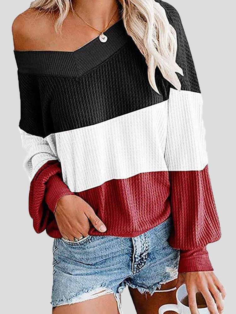 Women's T-Shirts Three-Color Stitching V-Neck Bat Sleeve Loose T-Shirt - LuckyFash™