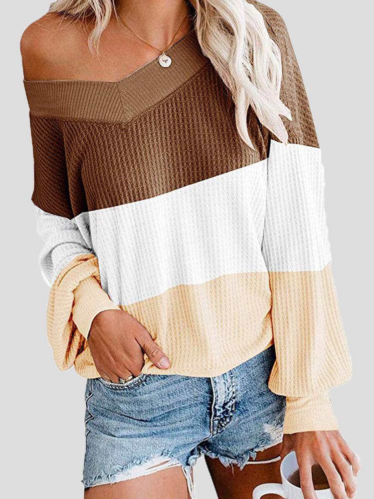 Women's T-Shirts Three-Color Stitching V-Neck Bat Sleeve Loose T-Shirt - LuckyFash™