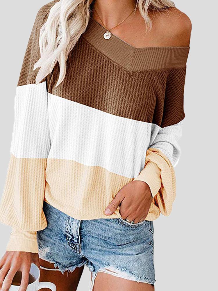 Women's T-Shirts Three-Color Stitching V-Neck Bat Sleeve Loose T-Shirt - LuckyFash™
