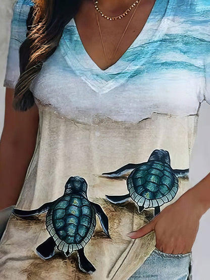 T-Shirts Turtle Print V-Neck Short Sleeve T-Shirt - LuckyFash™