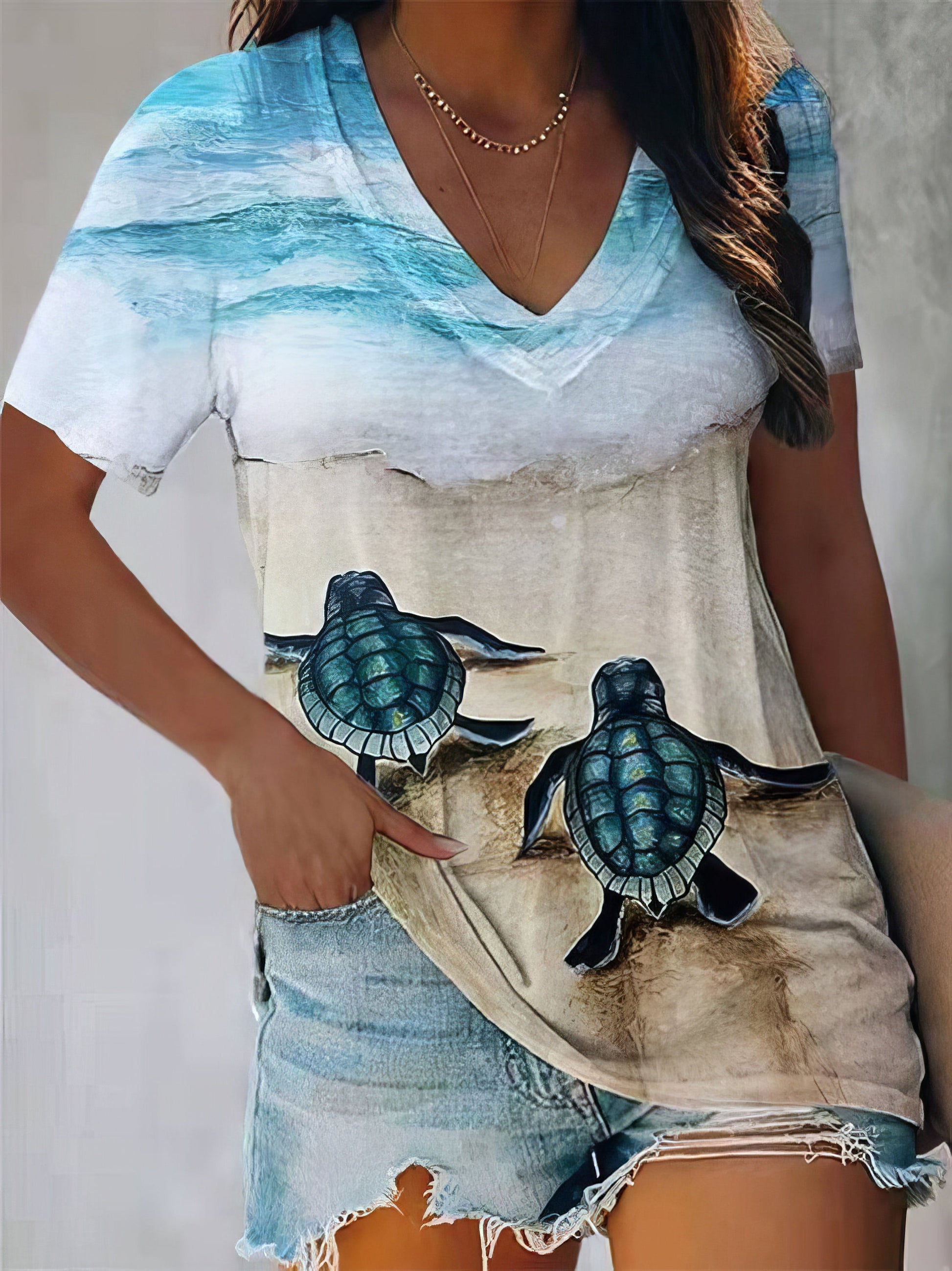 T-Shirts Turtle Print V-Neck Short Sleeve T-Shirt - LuckyFash™