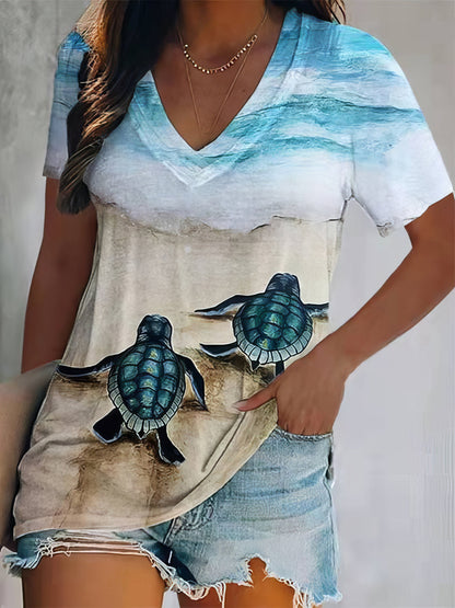 T-Shirts Turtle Print V-Neck Short Sleeve T-Shirt - LuckyFash™