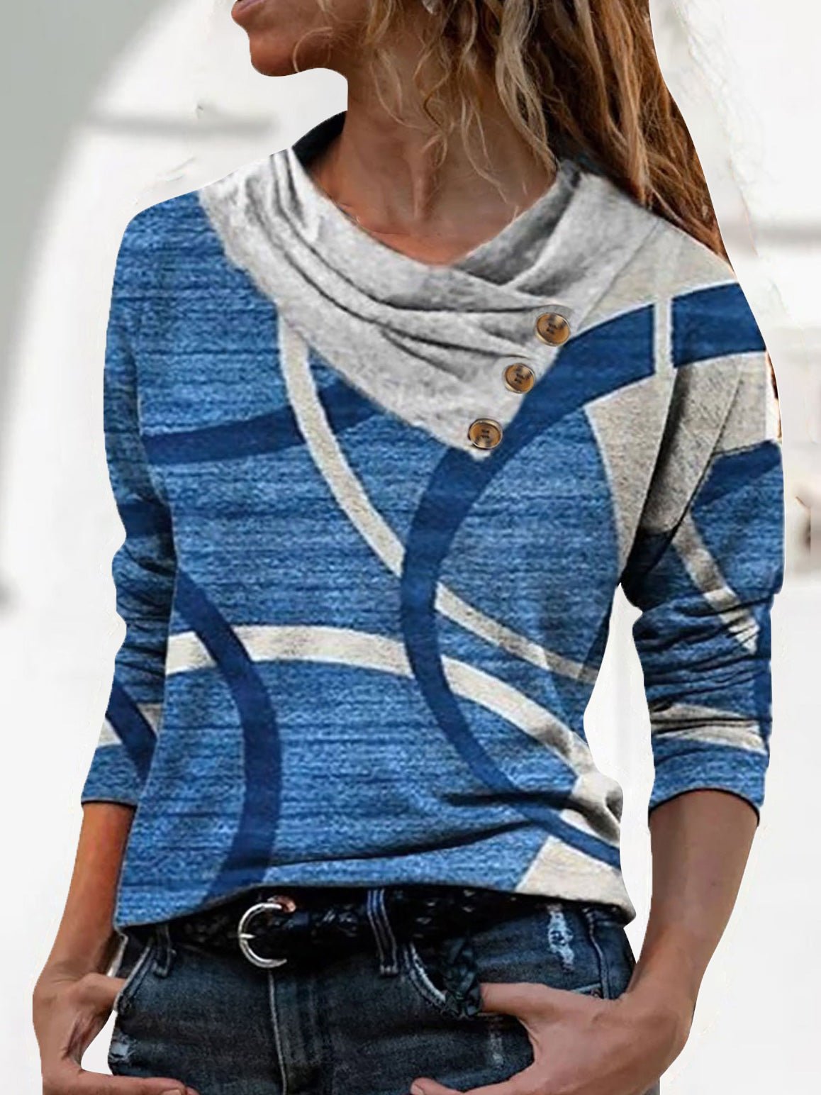 T-Shirts V-Neck Button Print Long Sleeve T-Shirt - LuckyFash™