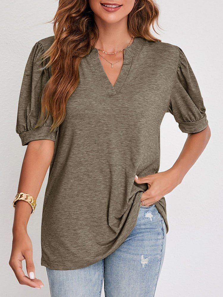 T-Shirts V Neck Casual Solid Color Bubble Sleeve T-Shirt - LuckyFash™
