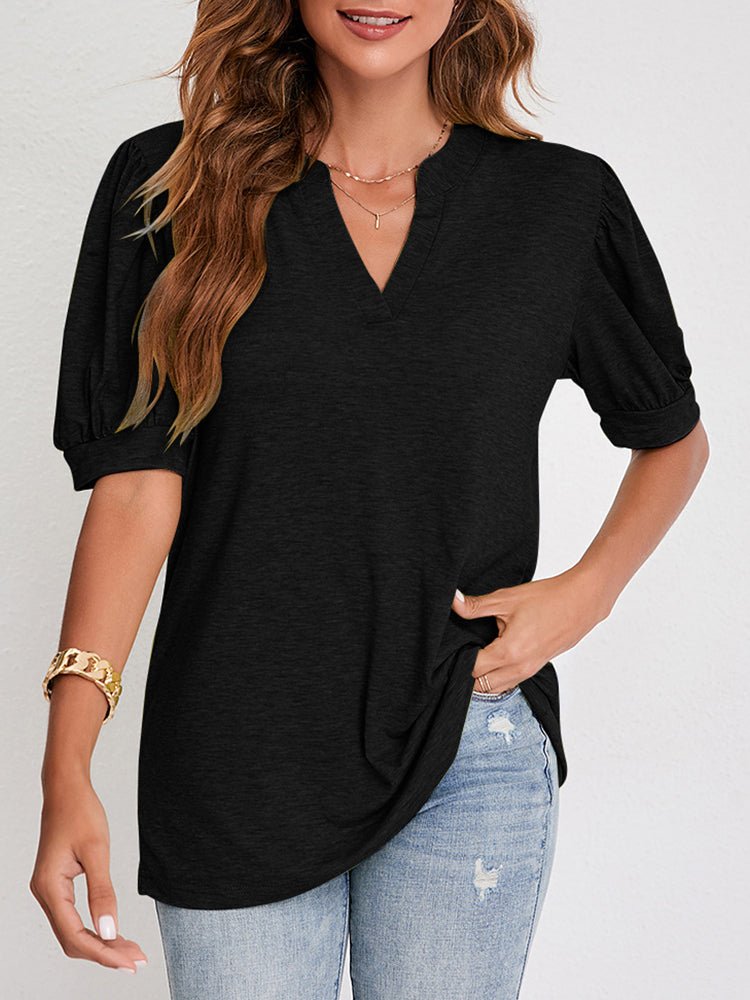 T-Shirts V Neck Casual Solid Color Bubble Sleeve T-Shirt - LuckyFash™