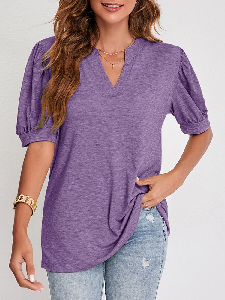 T-Shirts V Neck Casual Solid Color Bubble Sleeve T-Shirt - LuckyFash™