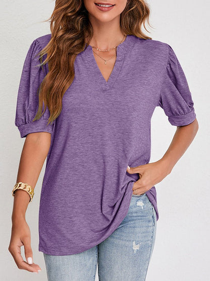 T-Shirts V Neck Casual Solid Color Bubble Sleeve T-Shirt - LuckyFash™