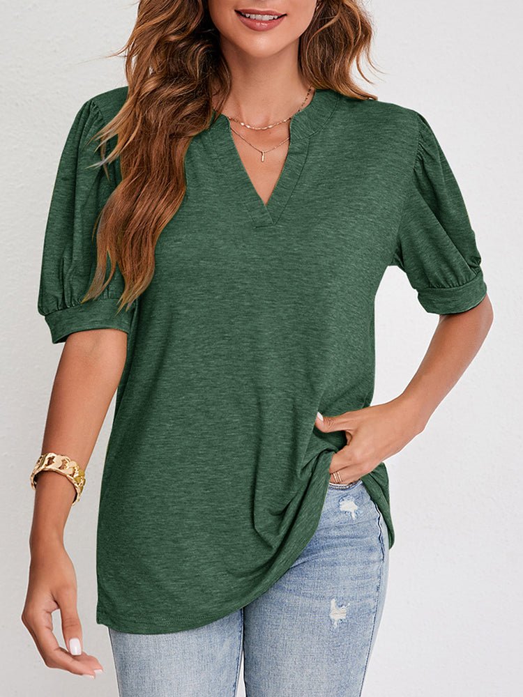 T-Shirts V Neck Casual Solid Color Bubble Sleeve T-Shirt - LuckyFash™