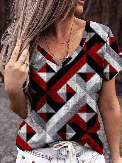 T-Shirts V-Neck Geometric Print Short Sleeve T-Shirt - LuckyFash™