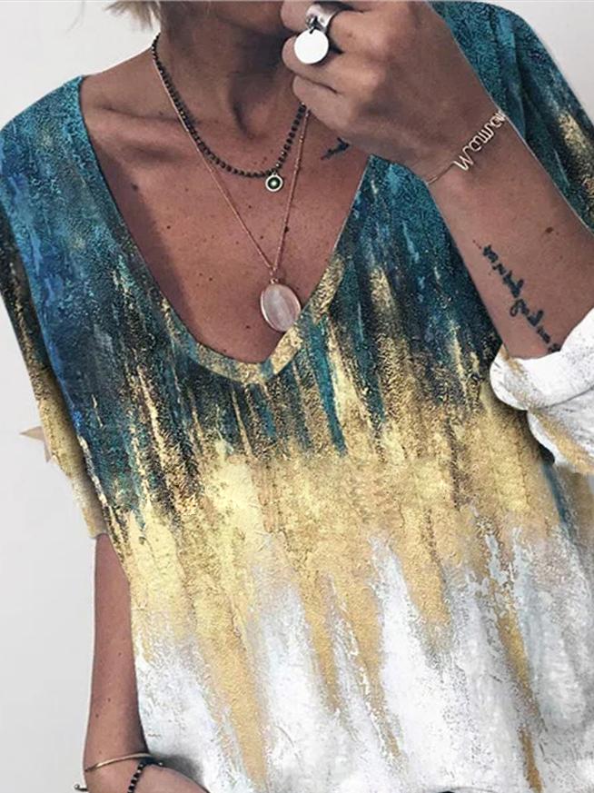 Women's T-Shirts V-Neck Gradient Print Long Sleeve T-Shirt - LuckyFash™