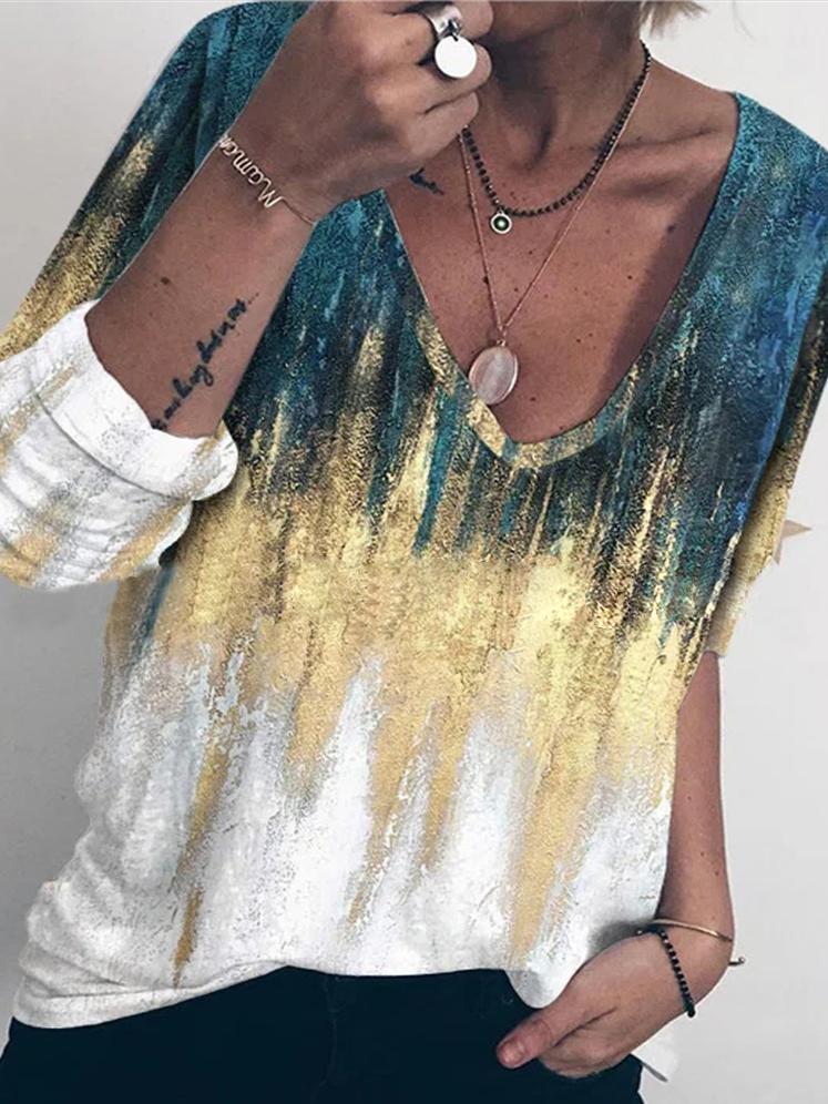 Women's T-Shirts V-Neck Gradient Print Long Sleeve T-Shirt - LuckyFash™
