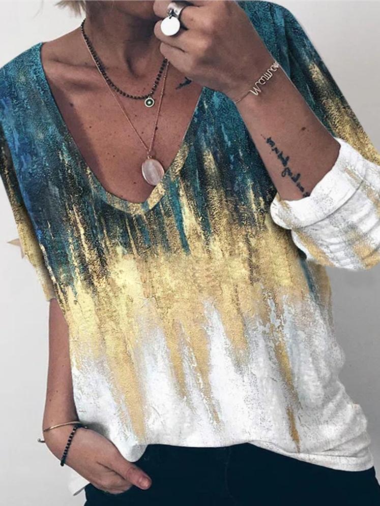 Women's T-Shirts V-Neck Gradient Print Long Sleeve T-Shirt - LuckyFash™