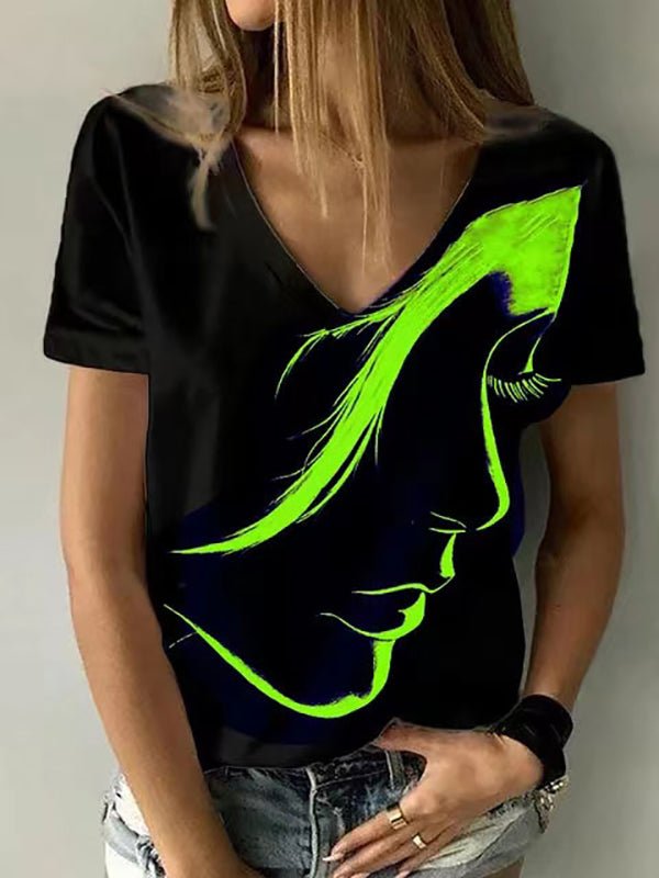 T-Shirts V-Neck Head Print Pullover Short Sleeve T-Shirt - LuckyFash™