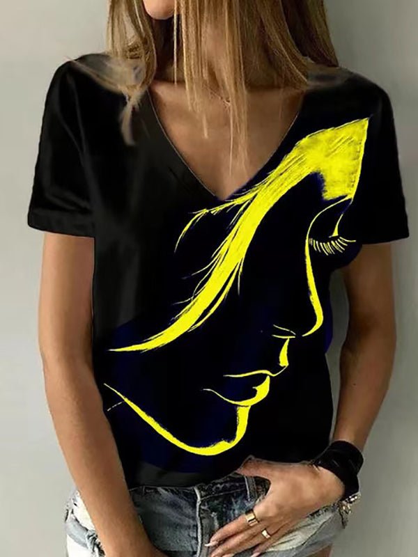 T-Shirts V-Neck Head Print Pullover Short Sleeve T-Shirt - LuckyFash™