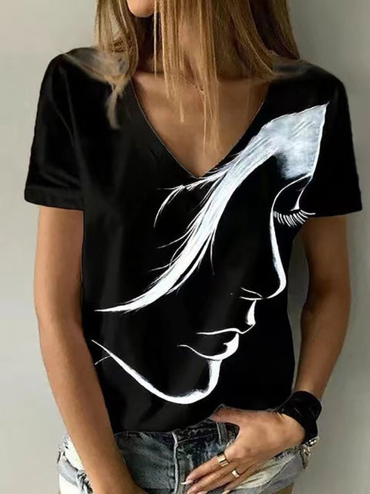 T-Shirts V-Neck Head Print Pullover Short Sleeve T-Shirt - LuckyFash™