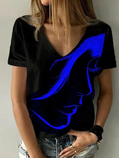 T-Shirts V-Neck Head Print Pullover Short Sleeve T-Shirt - LuckyFash™