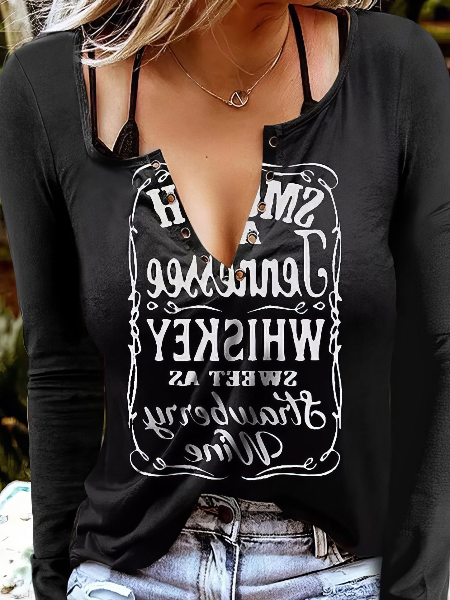 T-Shirts V-Neck Letter Print Long Sleeve T-Shirt - LuckyFash™