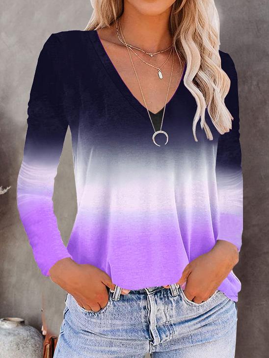 T-Shirts V-Neck Long Sleeve Gradient T-Shirt - LuckyFash™