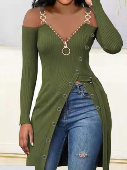 T-Shirts V-Neck Zip Sling Long Sleeve High Slit T-Shirt - LuckyFash™