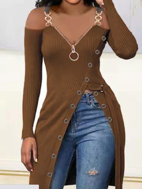 T-Shirts V-Neck Zip Sling Long Sleeve High Slit T-Shirt - LuckyFash™