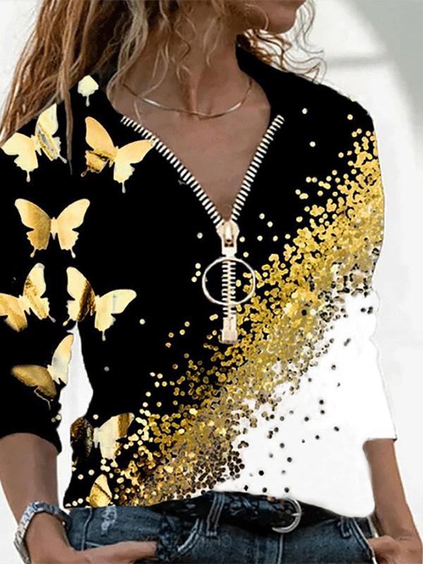 T-Shirts V-Neck Zipper Butterfly Print Long Sleeve T-Shirt - LuckyFash™