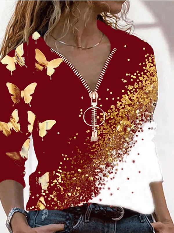 T-Shirts V-Neck Zipper Butterfly Print Long Sleeve T-Shirt - LuckyFash™