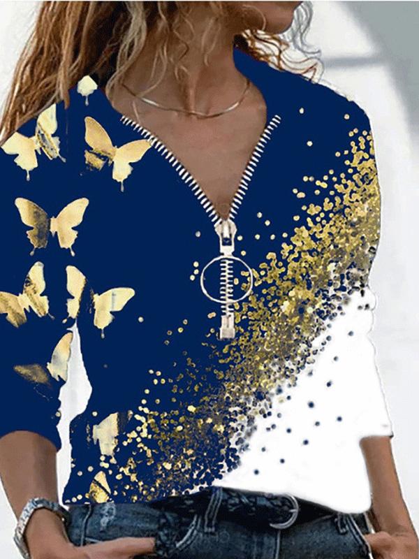 T-Shirts V-Neck Zipper Butterfly Print Long Sleeve T-Shirt - LuckyFash™