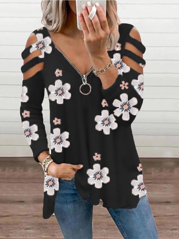 Women's T-Shirts V-Neck Zipper Off-Shoulder Long Sleeve Floral T-Shirt - LuckyFash™