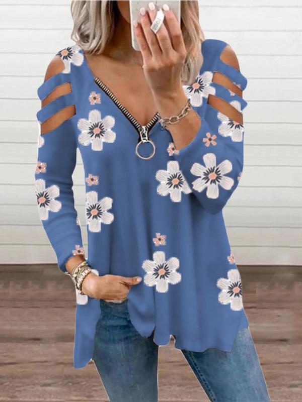 Women's T-Shirts V-Neck Zipper Off-Shoulder Long Sleeve Floral T-Shirt - LuckyFash™