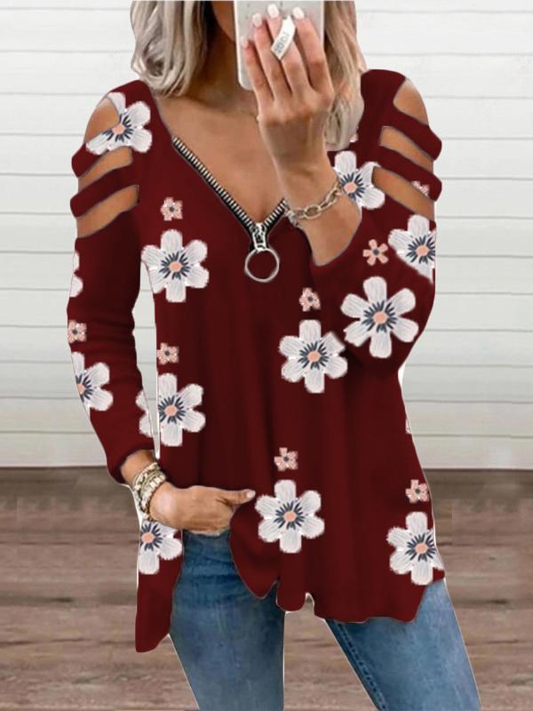 Women's T-Shirts V-Neck Zipper Off-Shoulder Long Sleeve Floral T-Shirt - LuckyFash™