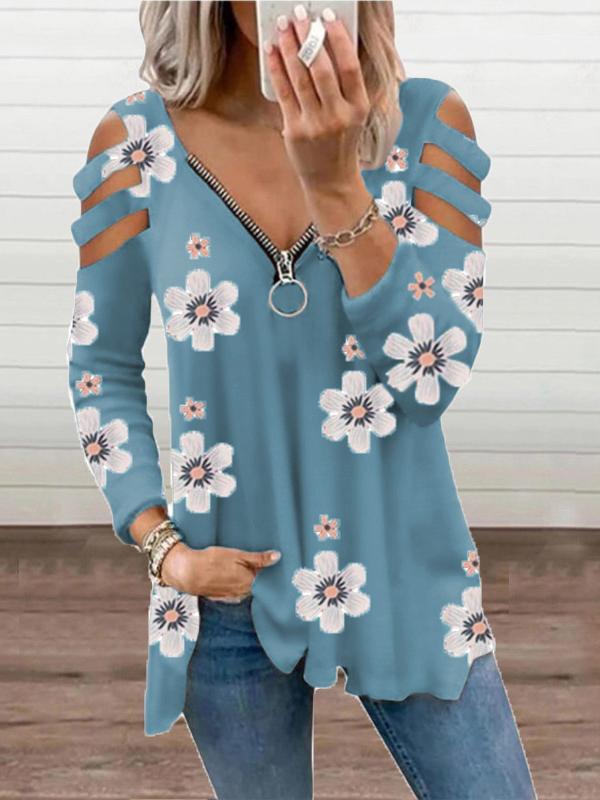 Women's T-Shirts V-Neck Zipper Off-Shoulder Long Sleeve Floral T-Shirt - LuckyFash™