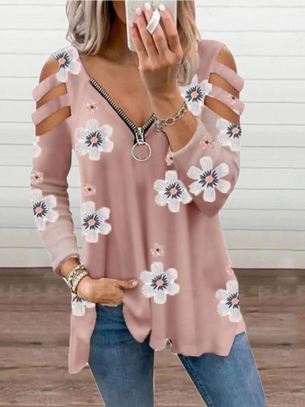 Women's T-Shirts V-Neck Zipper Off-Shoulder Long Sleeve Floral T-Shirt - LuckyFash™