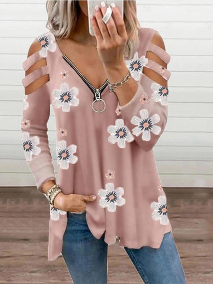 Women's T-Shirts V-Neck Zipper Off-Shoulder Long Sleeve Floral T-Shirt - LuckyFash™