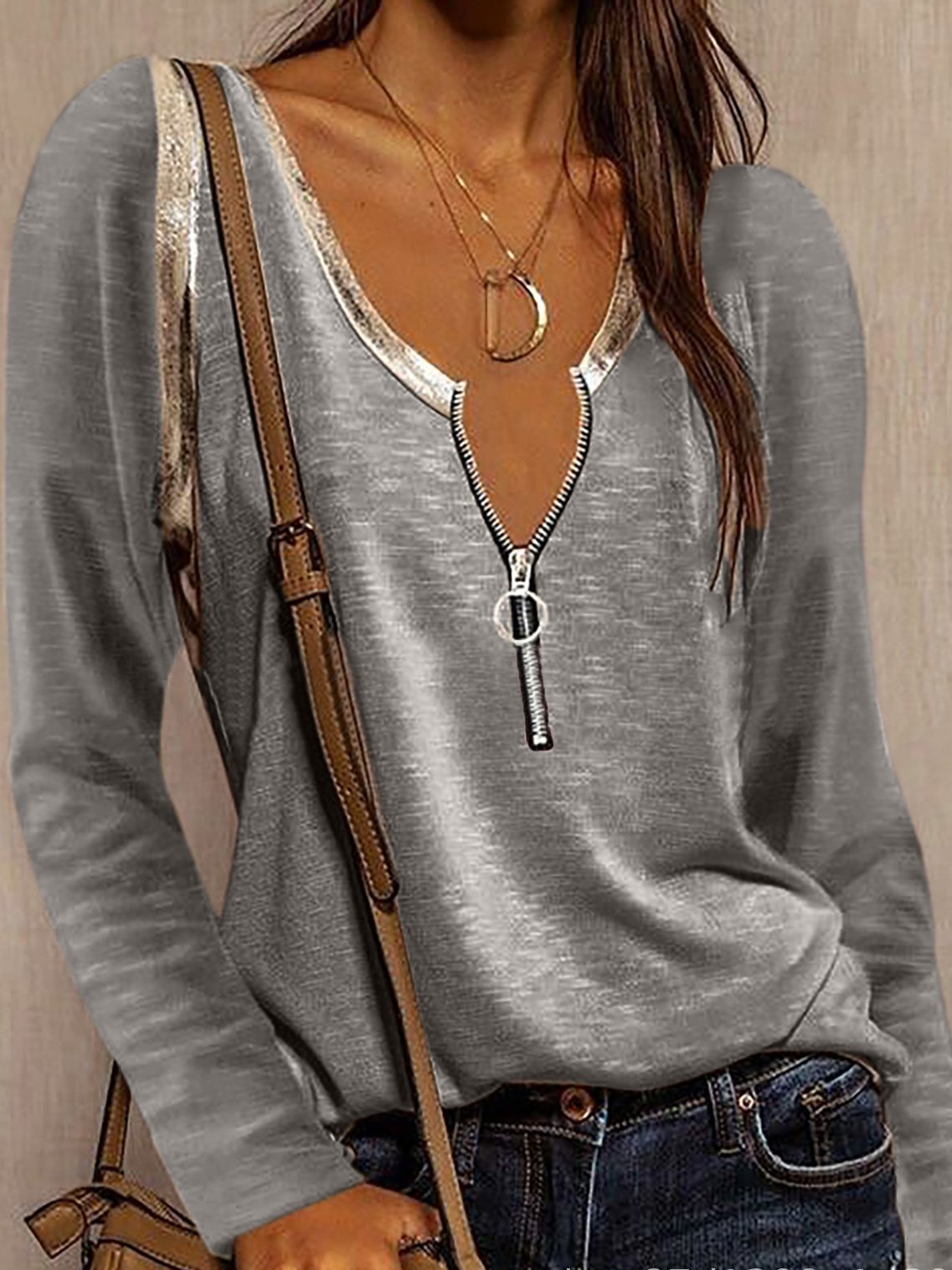 Women's T-Shirts V-Neck Zipper Shiny Stitching Long Sleeve T-Shirt - LuckyFash™