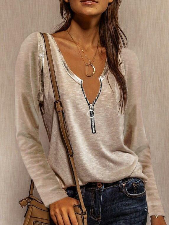 Women's T-Shirts V-Neck Zipper Shiny Stitching Long Sleeve T-Shirt - LuckyFash™