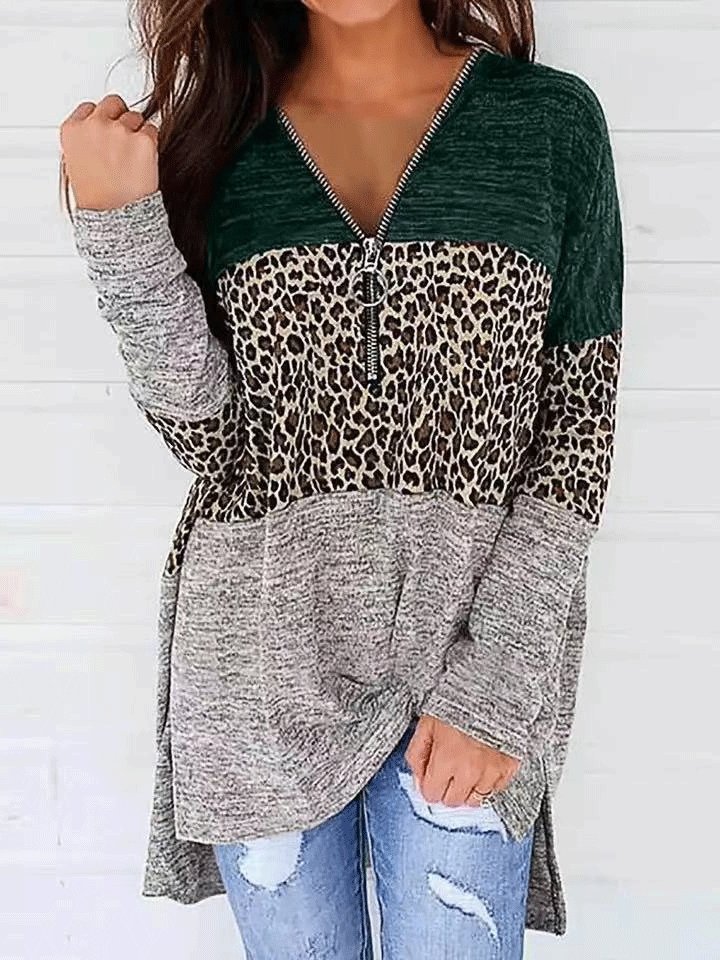 T-Shirts V-Neck Zippered Leopard Print Stitching Long Sleeve T-Shirt - LuckyFash™