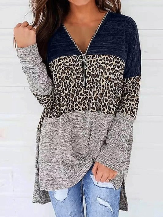 T-Shirts V-Neck Zippered Leopard Print Stitching Long Sleeve T-Shirt - LuckyFash™