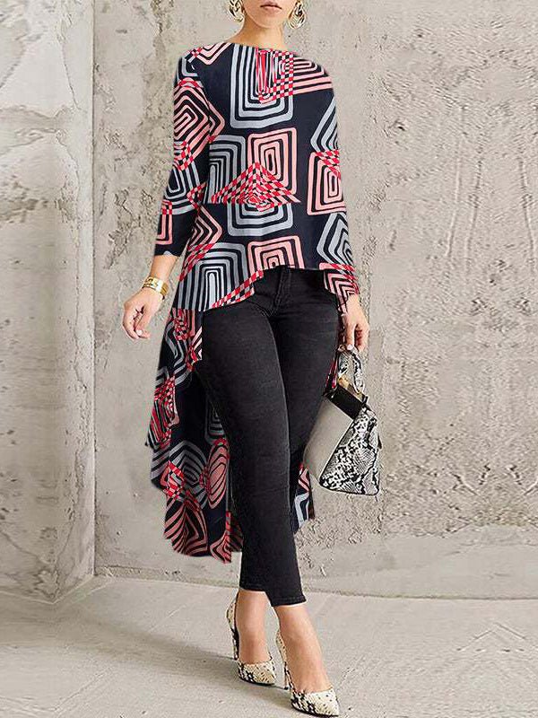 T-Shirts Vintage Print Long Sleeve Asymmetric Hem T-Shirt - LuckyFash™