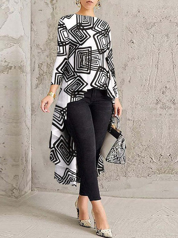 T-Shirts Vintage Print Long Sleeve Asymmetric Hem T-Shirt - LuckyFash™