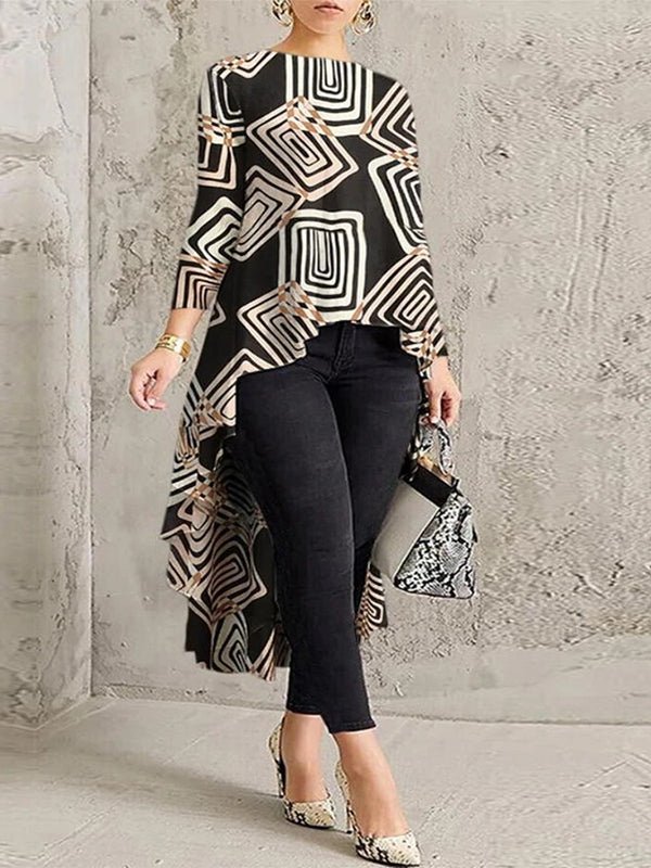 T-Shirts Vintage Print Long Sleeve Asymmetric Hem T-Shirt - LuckyFash™