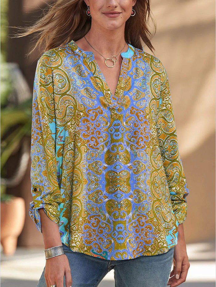 Women's T-Shirts Vintage Print Long Sleeve V-Neck Casual T-Shirt - LuckyFash™