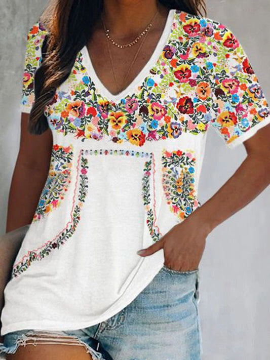 T-Shirts Vintage Print V-Neck Short Sleeve T-Shirt - LuckyFash™
